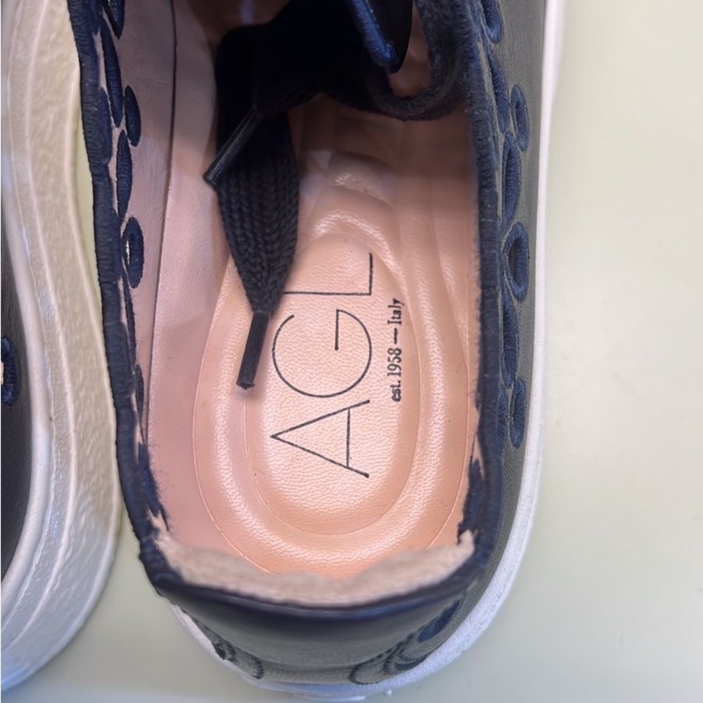 NWT AGL Cutout Leather Platform Sneakers in Black blue stitching Made in Italy - Picture 7 of 9